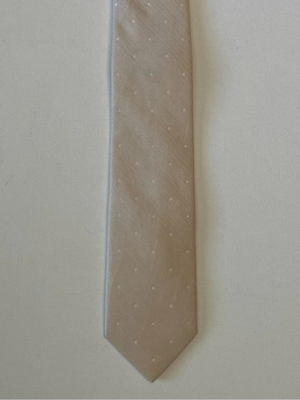 The Tie Bar 20% Linen/80% Silk Beige and White Polka Dot Tie (2.5 in x 59.5in)
